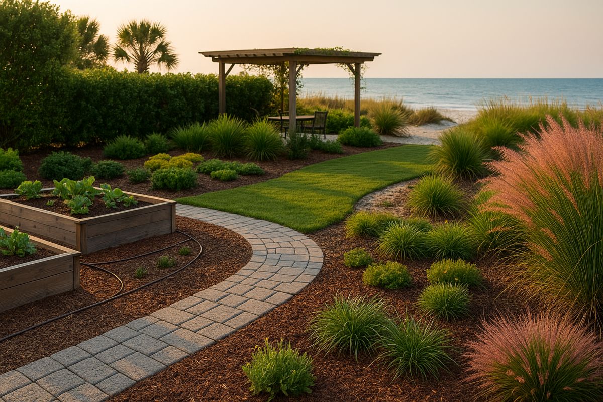 Water-wise coastal backyard garden with raised wooden beds, drip irrigation and mulch, ornamental grasses and a pergola, ocean backdrop at golden hour.