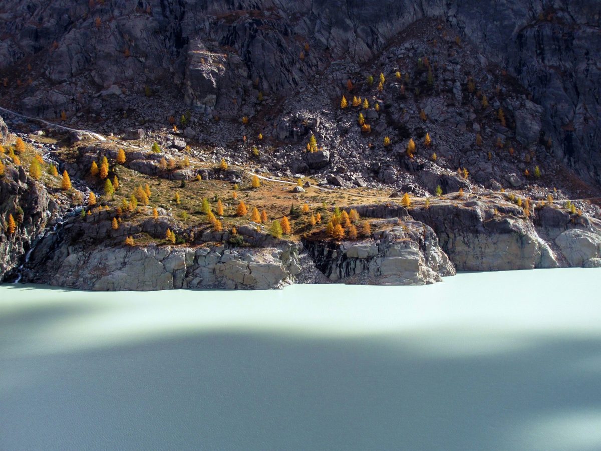 Rocky shoreline with calm turquoise water and sparse autumn trees on the cliffs